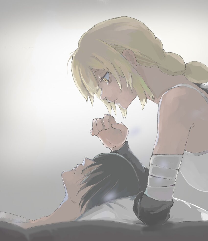 1boy, 1girl, bags_under_eyes, bare_shoulders, black_hair, blonde_hair, braid, choujin_x