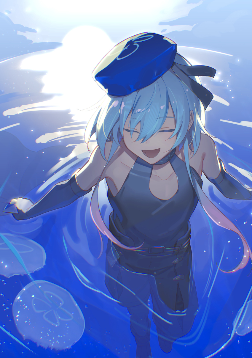 1boy, absurdres, androgynous, arknights, black_pantyhose, blue_hair, closed_mouth, collarbone