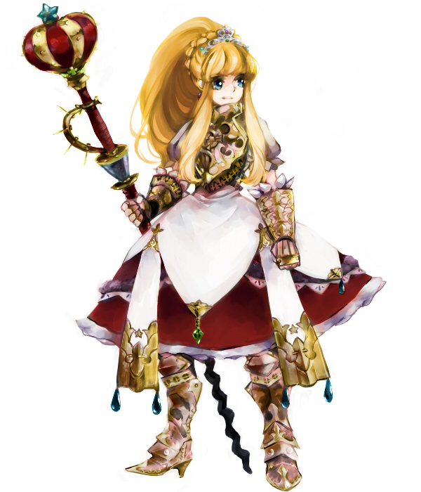 1girl, armor, armored_dress, atlus, blonde_hair, blue_eyes, dress, etrian_odyssey