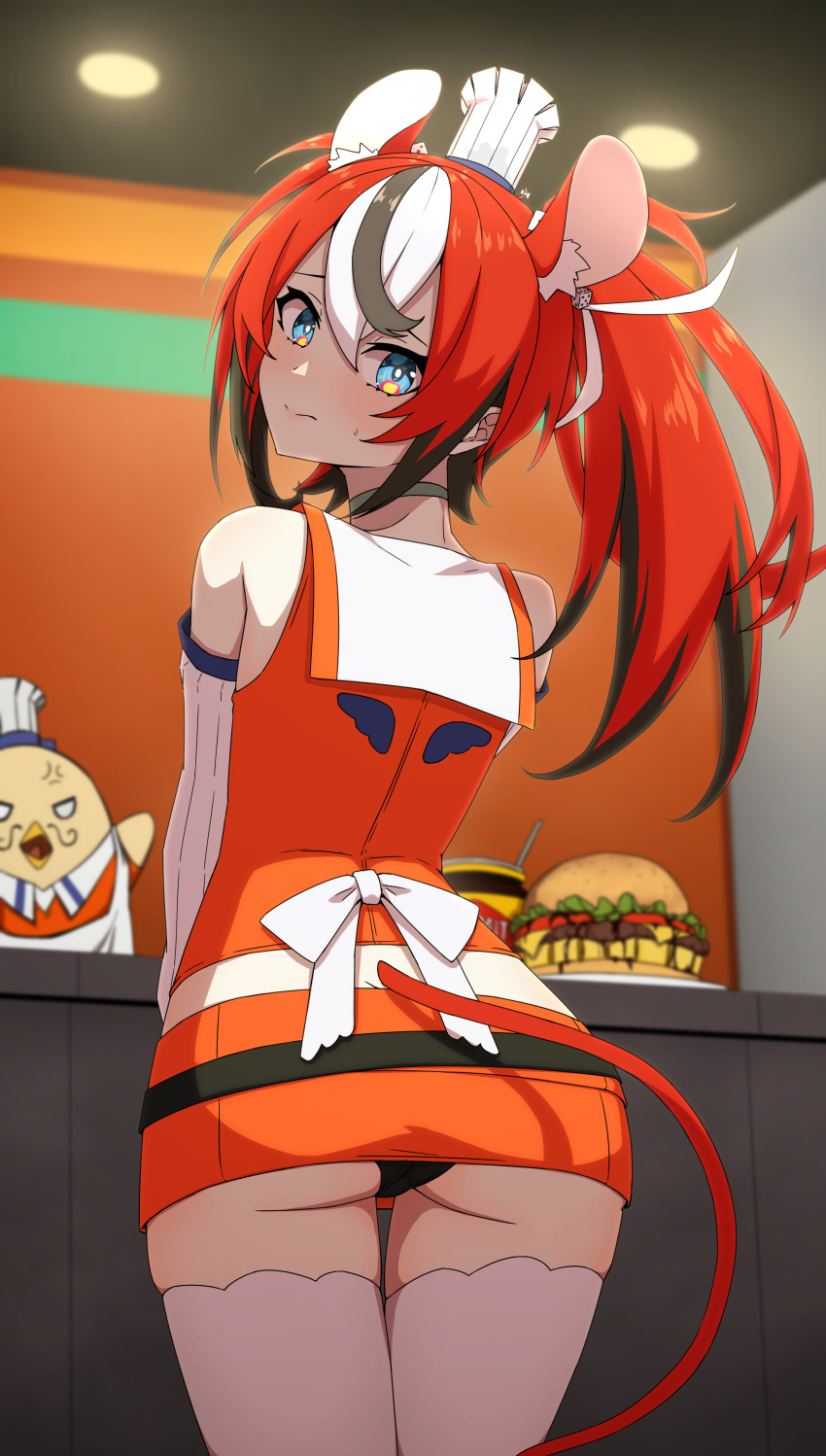 1girl, absurdres, alternate_costume, animal_ears, ass, black_hair, black_panties, blue_eyes, blush, chef_hat, cosplay, daydarion, hair_ornament, hakos_baelz, highres, hololive, hololive_english, kfp, kfp_employee_(takanashi_kiara), long_hair, microskirt, mini_chef_hat, mini_hat, mouse_ears, mouse_girl, mouse_tail, multicolored_hair, panties, red_hair, skirt, streaked_hair, tail, takanashi_kiara, takanashi_kiara_(1st_costume), takanashi_kiara_(cosplay), underwear, virtual_youtuber, white_hair