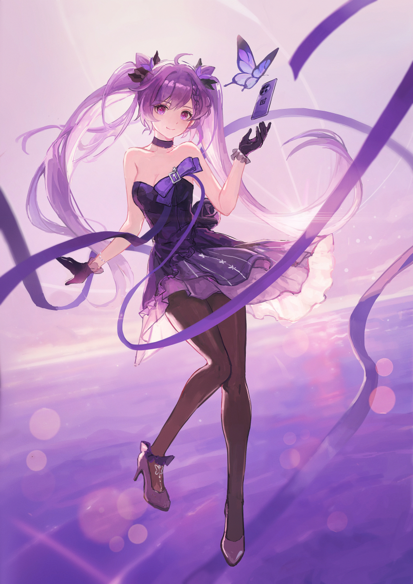 1girl, absurdres, bare_shoulders, black_bow, black_gloves, black_pantyhose, bow, breasts