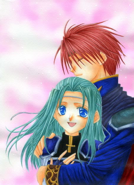1boy, 1girl, aqua_hair, armor, blue_eyes, cape, couple, eliwood_(fire_emblem)