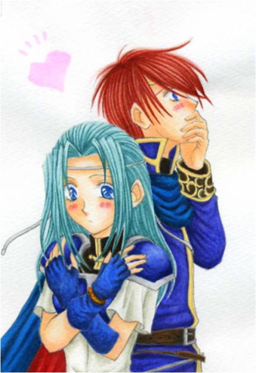 1boy, 1girl, aqua_hair, armor, belt, blue_eyes, blush, cape