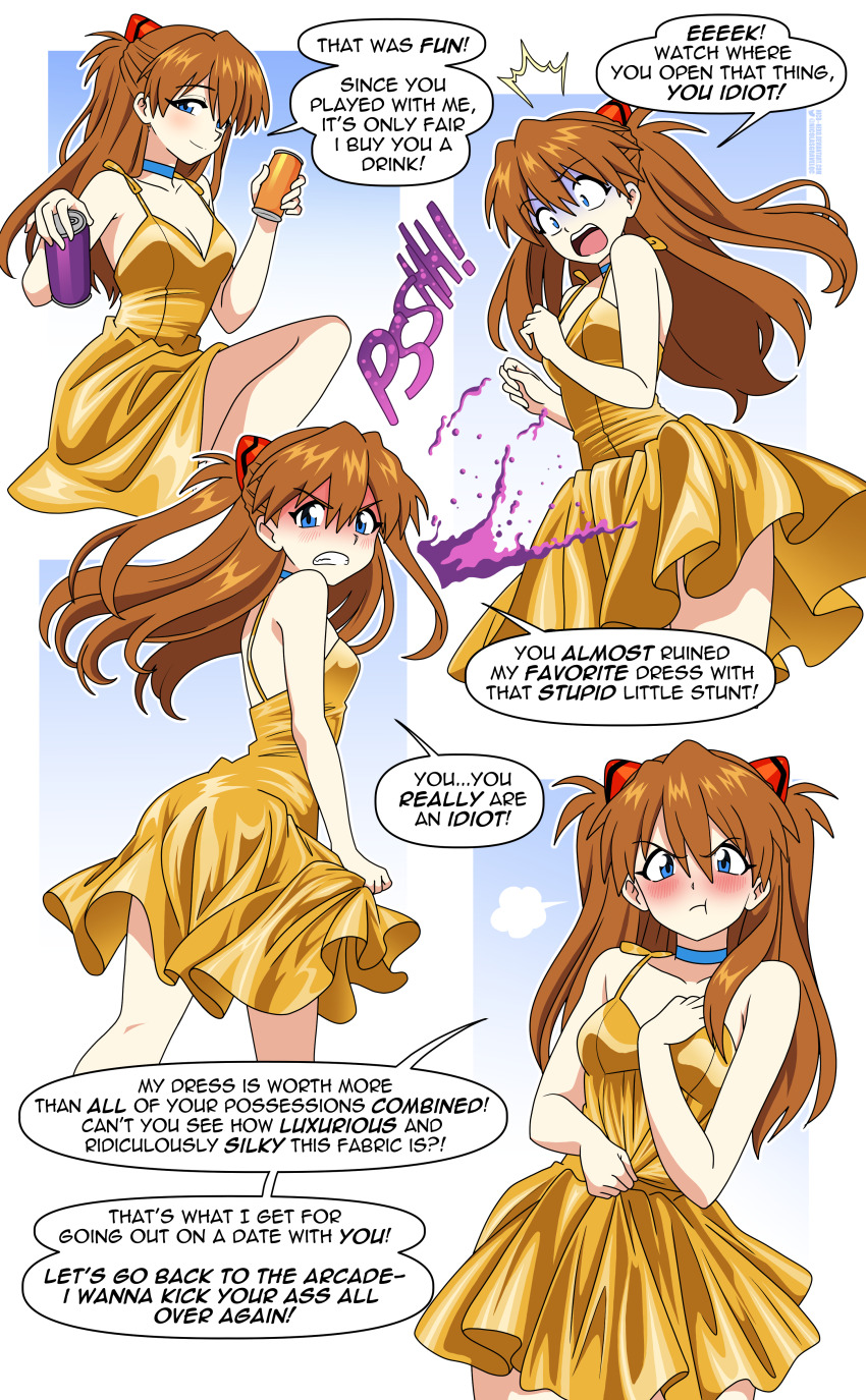 1girl, absurdres, angry, blue_eyes, blush, breasts, brown_hair, cheek_bulge, choker, cleavage, closed_mouth, collarbone, dress, english_text, highres, ikari_shinji, looking_at_viewer, medium_breasts, neon_genesis_evangelion, nico-neko, offscreen_male, offscreen_person, open_mouth, pout, sequential, smile, solo, souryuu_asuka_langley, speech_bubble, sundress, surprised, teeth, tsundere, turn_pale, upper_teeth_only, yellow_dress