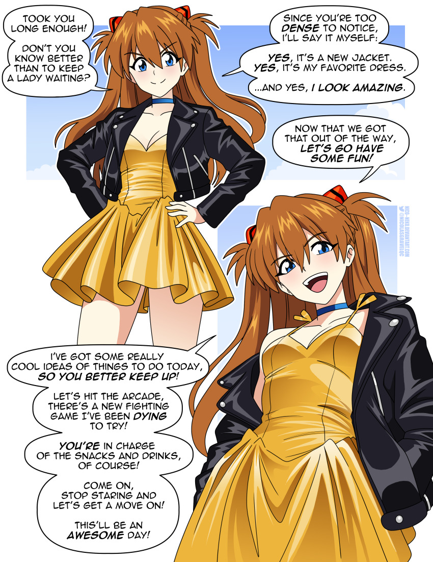 1girl, absurdres, blue_choker, blue_eyes, breasts, brown_hair, choker, dress, english_text, hands_on_own_hips, highres, interface_headset_(evangelion), jacket, leather, leather_jacket, looking_at_viewer, medium_breasts, neon_genesis_evangelion, nico-neko, offscreen_male, offscreen_person, open_mouth, simple_background, smile, solo, souryuu_asuka_langley, yellow_dress