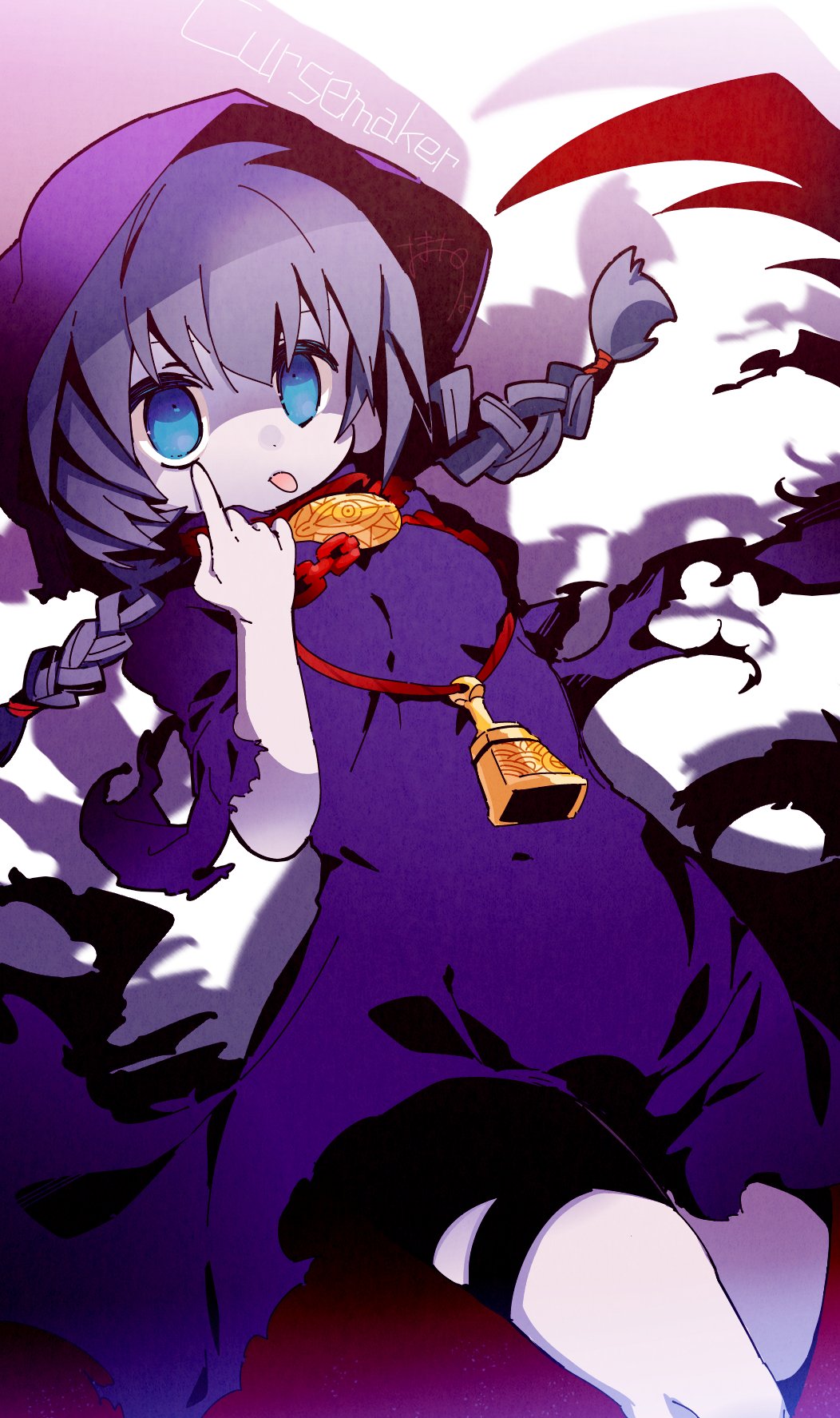 1girl, :p, bell, blue_eyes, braid, chain, chicken_curry, cloak, curse_maker, curse_maker_2, dress, etrian_odyssey, flat_chest, grey_hair, highres, hood, hooded_cloak, long_hair, making_faces, sekaiju_no_meikyuu, sekaiju_no_meikyuu_1, solo, tongue, tongue_out, twin_braids