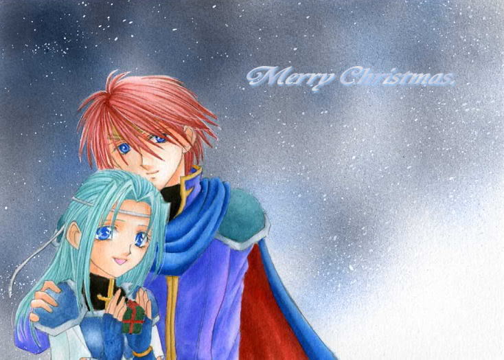 1boy, 1girl, aqua_hair, armor, blue_eyes, cape, christmas, couple