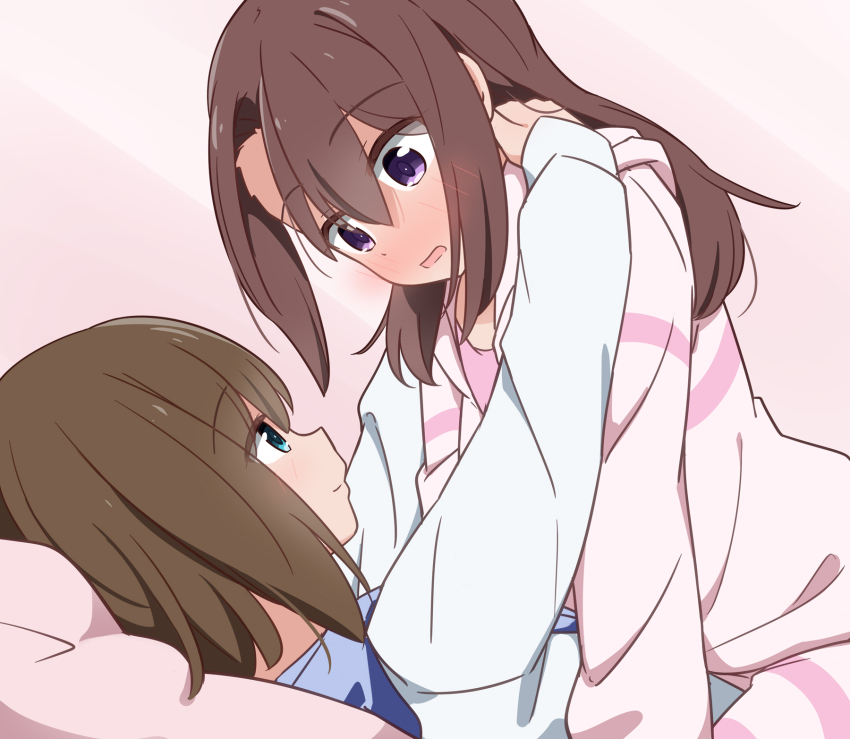 2girls, aqua_eyes, arm_support, arms_around_neck, blush, extreme_hearts, hayama_hiyori, highres