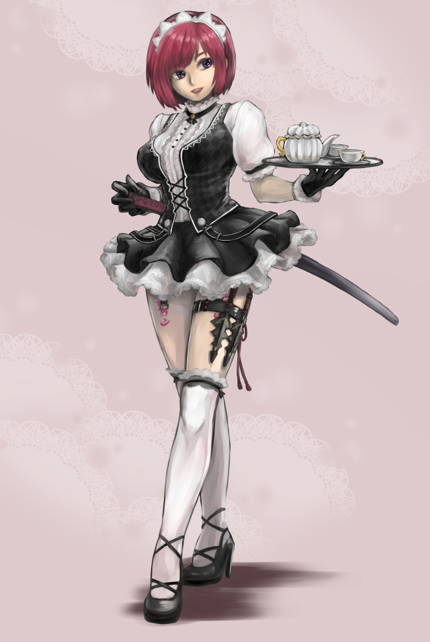 1girl, absurdres, breasts, chickenkue, dress, full_body, gloves, high_heels, highres, kunai, large_breasts, looking_at_viewer, maid, nel_zelpher, purple_eyes, red_hair, short_hair, simple_background, skirt, smile, solo, star_ocean, star_ocean:_anamnesis, star_ocean:_till_the_end_of_time, sword, tattoo, thighhighs, weapon