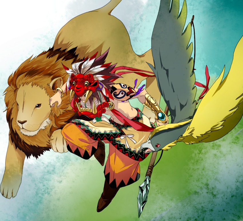 1boy, atlus, beast_king_(sekaiju), beast_king_1_(sekaiju), bird, etrian_odyssey, fangs, feathers