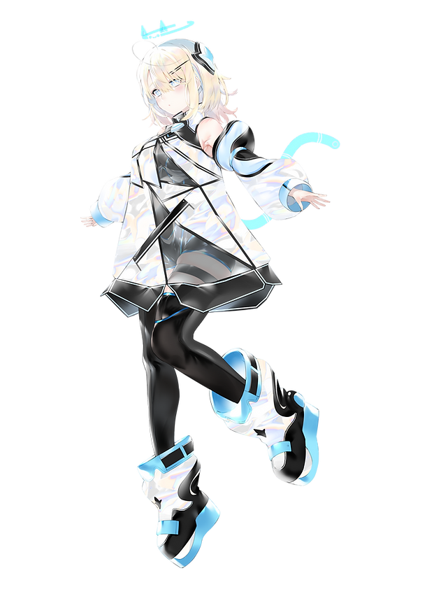 1girl, ahoge, animal_ears, armpits, black_thighhighs, blonde_hair, blue_halo, blue_tail