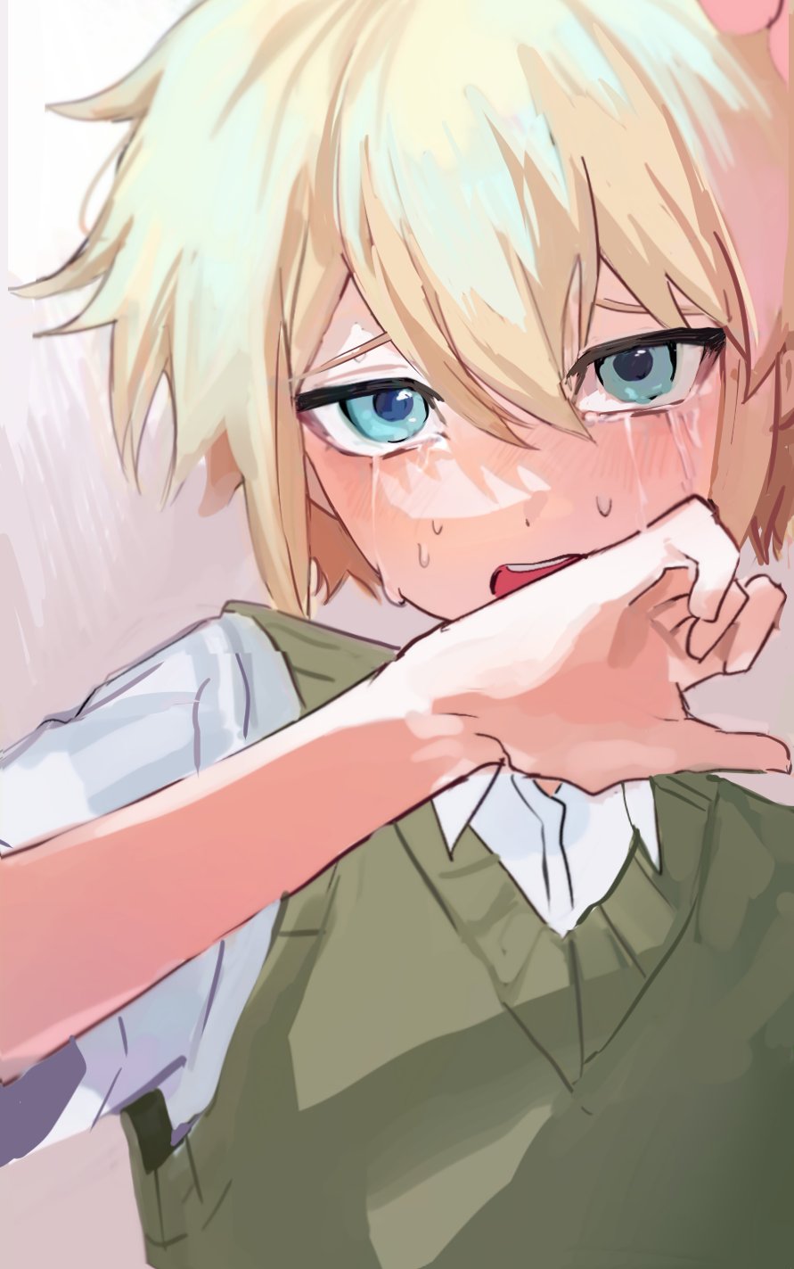 1boy, basil_(faraway)_(omori), basil_(omori), blonde_hair, blue_eyes, collared_shirt, crying, crying_with_eyes_open