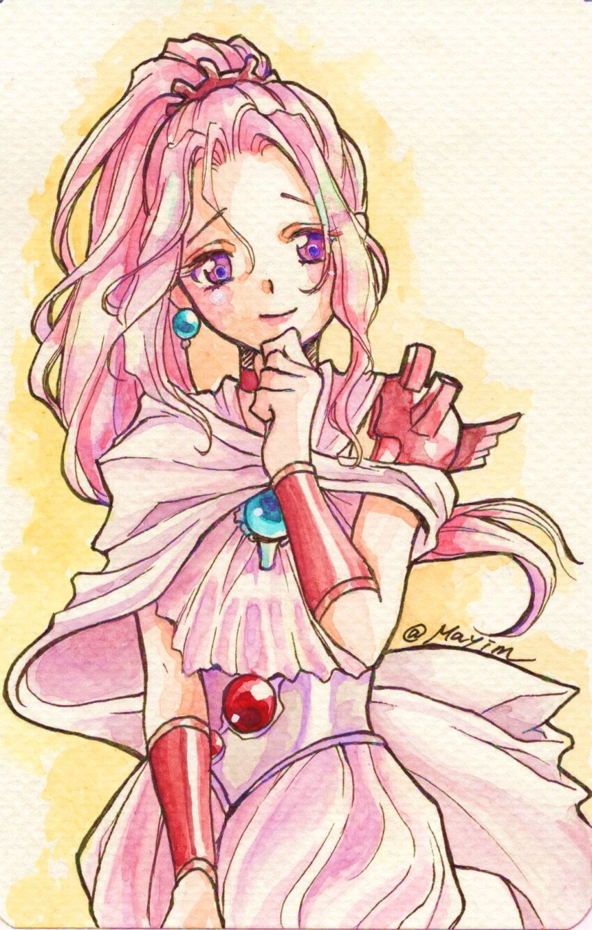 1girl, aged_up, cape, choker, closed_mouth, earrings, final_fantasy, final_fantasy_iv, final_fantasy_iv:_the_after_years, highres, jewelry, long_hair, looking_at_viewer, mayim, pink_hair, ponytail, porom, porom_(adult), purple_eyes, simple_background, smile, solo