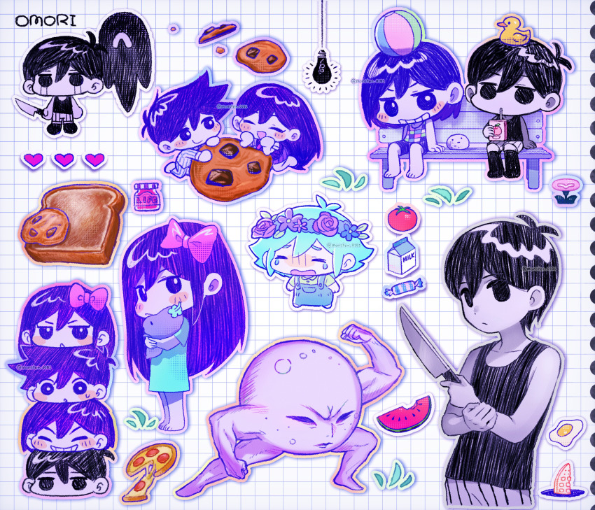 2girls, 4boys, absurdres, aubrey_(headspace)_(omori), aubrey_(omori), basil_(headspace)_(omori), basil_(omori), bench