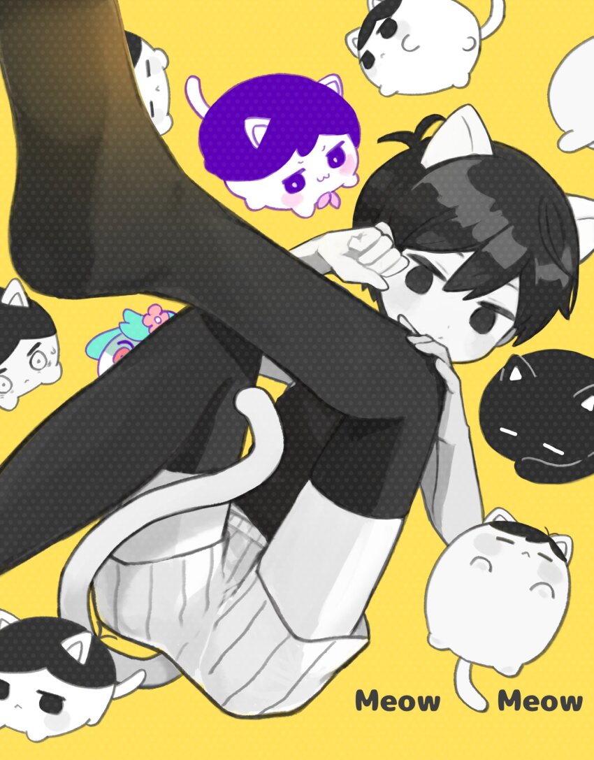 1boy, animal_ears, basil_(headspace)_(omori), basil_(omori), black_eyes, black_hair, black_thighhighs, cat, cat_boy, cat_ears, cat_tail, cb_ge000, colored_skin, expressionless, highres, looking_at_viewer, mari_(faraway)_(omori), mari_(omori), omori, omori_(omori), shorts, tail, thighhighs, white_skin
