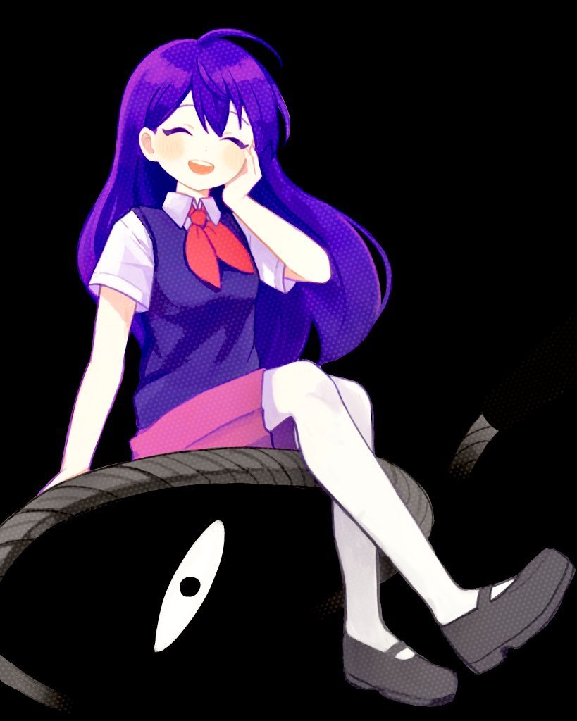 1girl, black_footwear, black_sweater_vest, blush, cb_ge000, closed_eyes, long_hair, looking_at_viewer