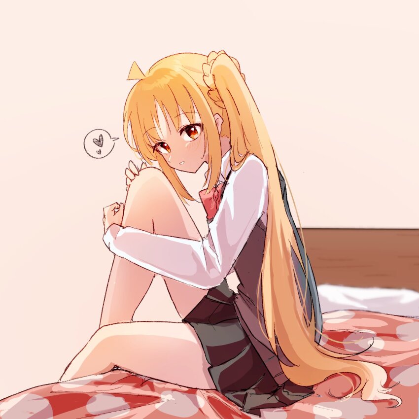 1girl, ahoge, black_skirt, blush, bocchi_the_rock!, ch2sh, collared_shirt, feet_out_of_frame, from_side, grey_sweater_vest, hair_between_eyes, heart, highres, hugging_own_legs, ijichi_nijika, indoors, knee_up, leaning_forward, long_hair, long_sleeves, looking_at_viewer, lying, miniskirt, on_back, parted_lips, pleated_skirt, red_eyes, school_uniform, shirt, side_ponytail, sidelocks, sitting, skirt, smile, solo, speech_bubble, spoken_heart, straight_hair, sweater_vest, thighs, very_long_hair, white_shirt