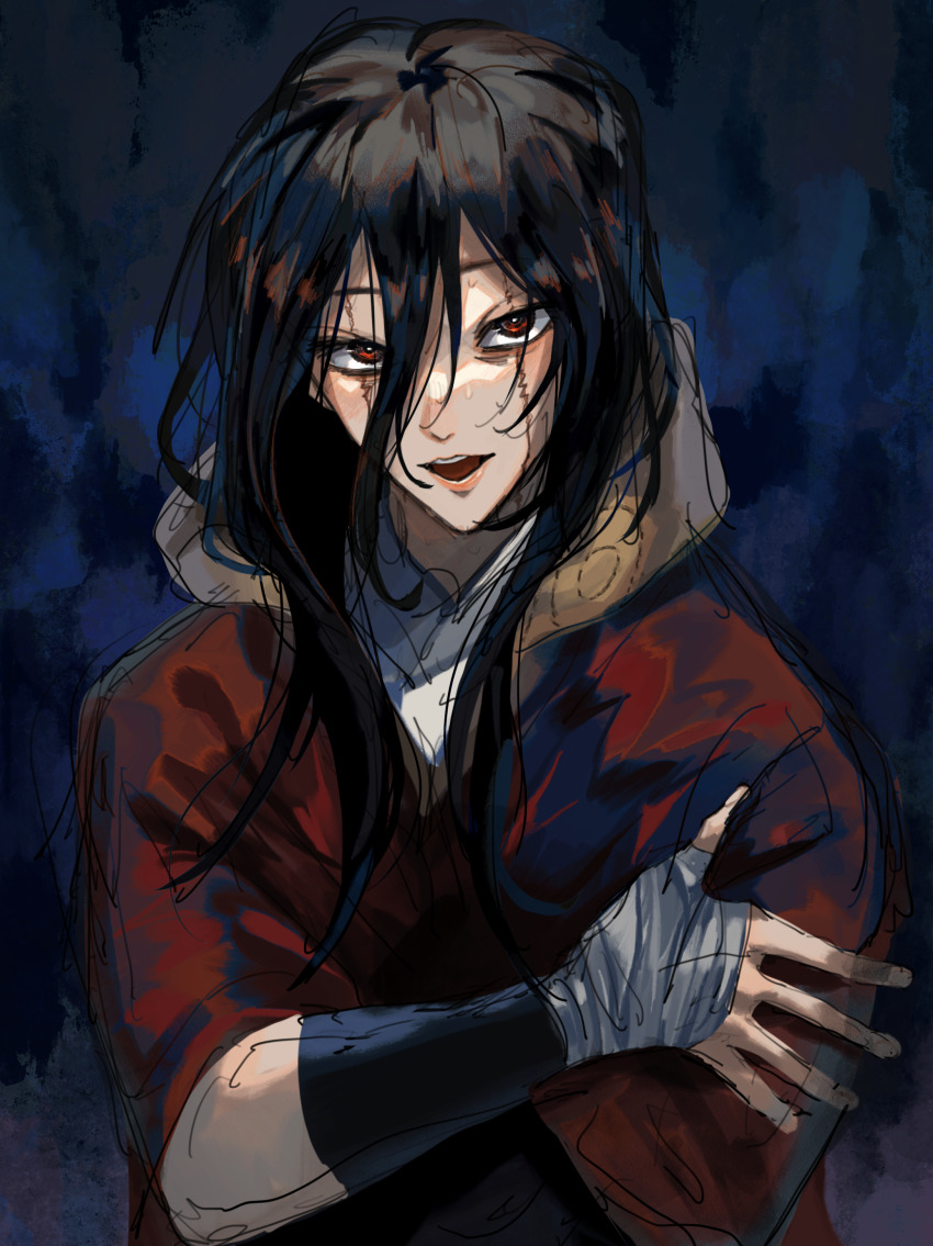 1girl, absurdres, black_hair, blue_background, cloak, fingerless_gloves, fumetsu_no_anata_e, gloves, hair_between_eyes, hayase_(fumetsu_no_anata_e), highres, hood, hooded_cloak, japanese_clothes, lips, long_hair, looking_at_viewer, multiple_scars, open_mouth, red_cloak, red_eyes, scar, scar_across_eye, scar_on_face, simple_background, sketch, upper_body, wrist_guards, yukiji_(4215haru)
