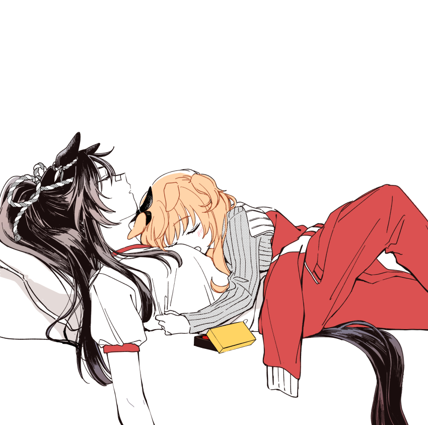 2girls, animal_ears, bandaid, bandaid_on_face, bandaid_on_nose, black_hair, breasts, closed_eyes