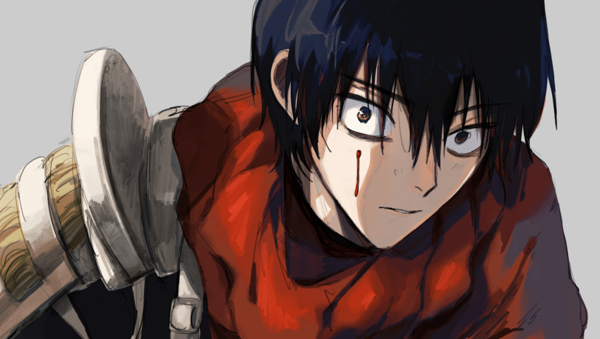 1boy, armor, black_hair, blood, blood_drip, blood_on_face, brown_eyes, cloak