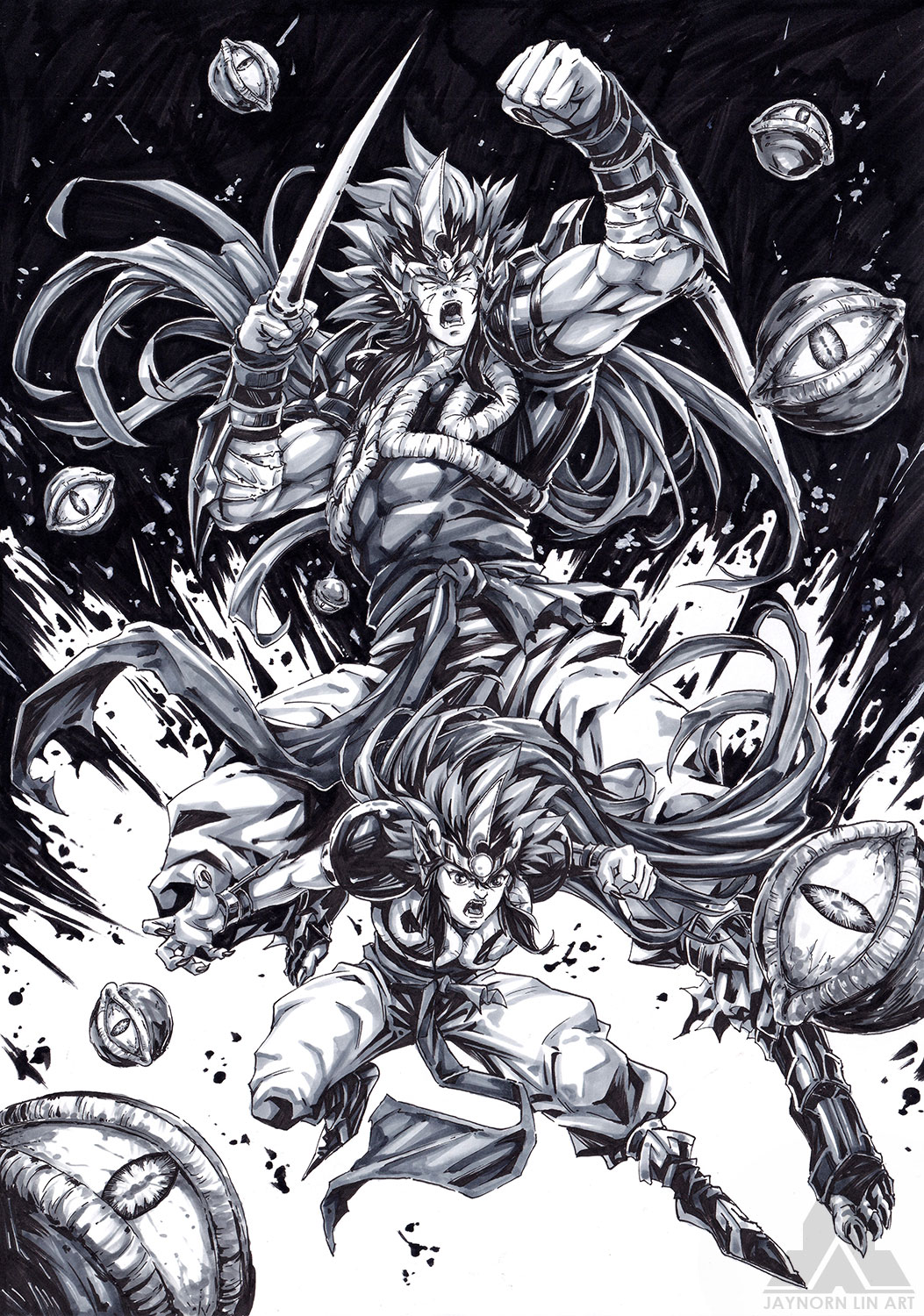 1boy, 6+others, alternate_form, armor, artist_name, bandaged_arm, bandages, big_hair, demon, demon_boy, evil_grin, evil_smile, fangs, fingernails, greyscale, grin, highres, hyouinomi_(zenki), jaynorn_lin, kishin_douji_zenki, long_hair, monochrome, multiple_others, multiple_persona, pointy_ears, sharp_teeth, shoulder_pads, smile, spiked_hair, teeth, upper_body, very_long_hair, weapon, zenki