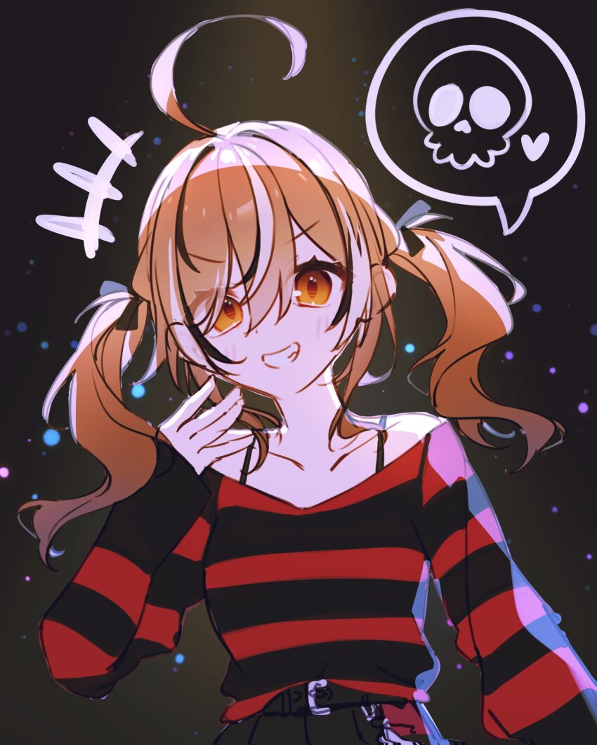 1girl, absurdres, ahoge, backlighting, black_background, black_ribbon, black_sweater, brown_eyes