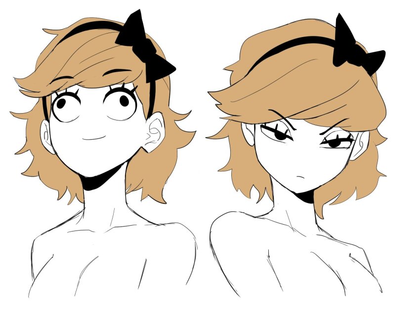 black_eyes, black_hairband, bow, breasts, brown_hair, cleavage, derpina, frown, hair_bow, hairband, highres, jourd4n, medium_hair, multiple_views, rage_comic, simple_background, smile, squinting, upper_body, wall-eyed, white_background