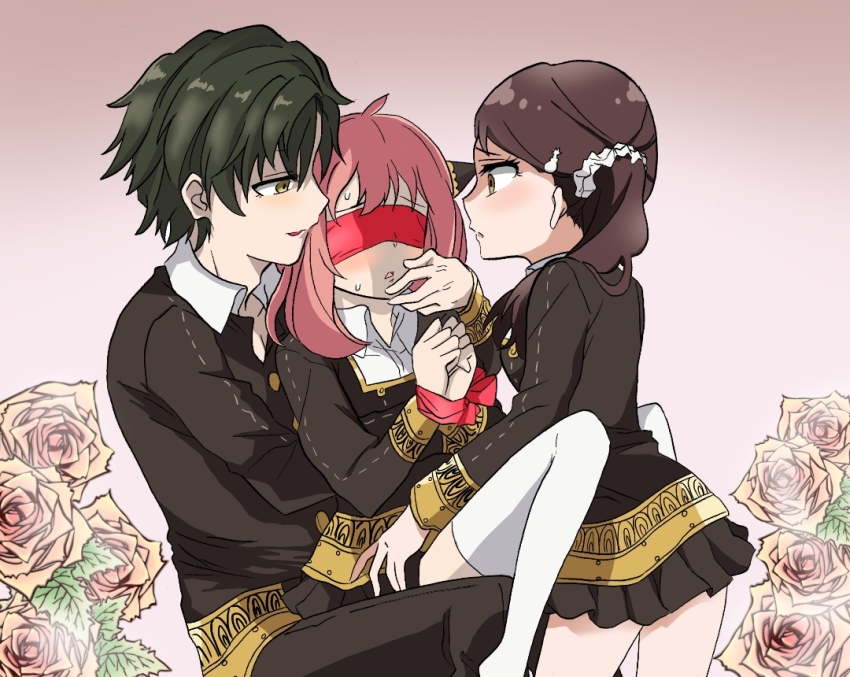 1boy, 2girls, aged_up, anya_(spy_x_family), becky_blackbell, bisexual_female, blindfold, bomb_hair_ornament