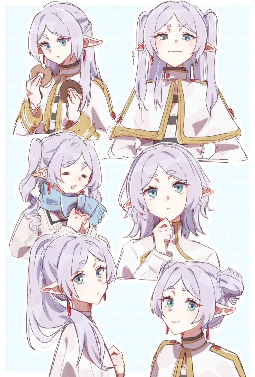 1girl, =_=, alternate_hairstyle, blue_background, blue_eyes, blue_scarf, capelet, closed_mouth, commentary_request, donut, double_bun, dress, earrings, eating, elf, food, frieren, grey_hair, hair_bun, hanamaru_(h_a_n_a_maru87), hand_on_own_chin, highres, holding, holding_food, jewelry, long_hair, long_sleeves, looking_at_viewer, medium_hair, multiple_views, open_mouth, pointy_ears, ponytail, scarf, simple_background, smile, smug, sousou_no_frieren, thick_eyebrows, twintails, white_capelet, white_dress, wolf_cut
