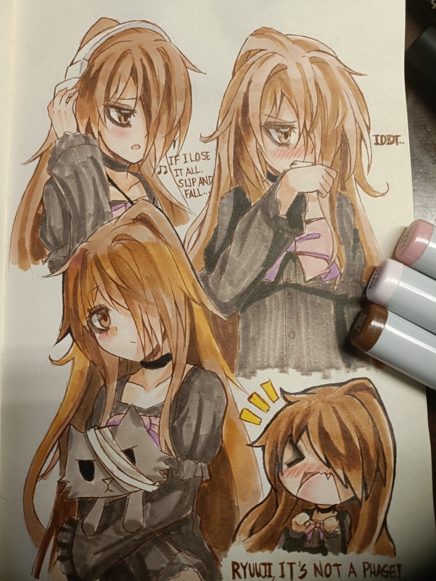 1girl, absurdres, aisaka_taiga, alternate_costume, alternate_hairstyle, black_dress, blush, brown_eyes