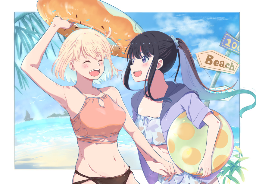 2girls, absurdres, arm_up, armpits, ball, bare_arms, beach, beachball