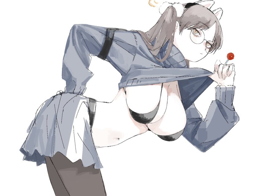 1girl, animal_ears, bent_over, bikini, black-framed_eyewear, black_bikini, black_pantyhose, blue_archive