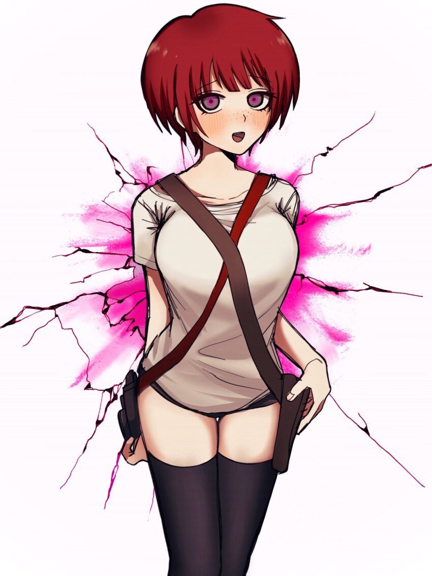 1girl, :d, bag, black_shorts, black_thighhighs, blood, blush, breasts