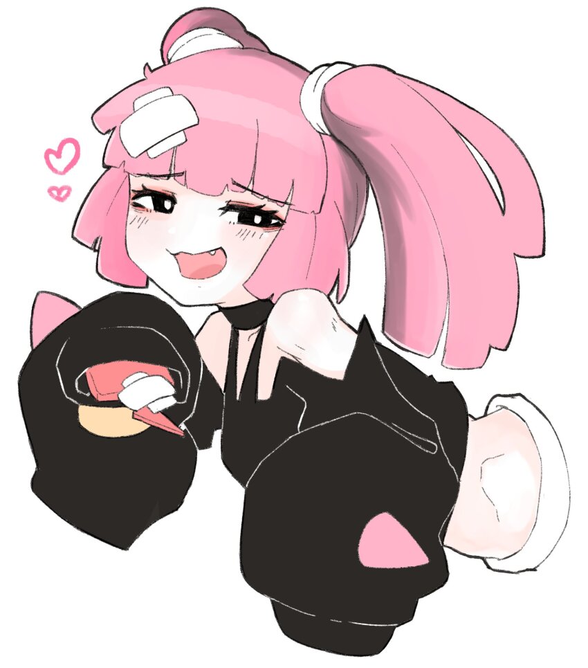 1girl, black_skirt, blush, breasts, chefhart, coral_(pokemon), gen_4_pokemon, heart, highres, long_hair, looking_at_viewer, nintendo, pink_hair, pokemon, pokemon_(anime), pokemon_horizons, rotom, rotom_phone, skirt, smile, solo, swag, twintails