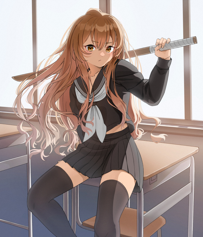 1girl, aisaka_taiga, black_sailor_collar, black_serafuku, black_shirt, black_skirt, black_thighhighs, bokken