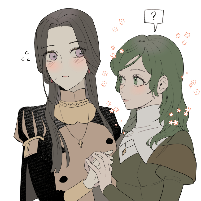 2girls, ?, alternate_costume, alternate_hair_color, anselma_von_arundel, b_(wldms6650), black_dress, blush, brown_hair, closed_mouth, commentary, dress, earrings, english_commentary, fire_emblem, fire_emblem:_three_houses, flower_symbol, flying_sweatdrops, green_dress, green_eyes, green_hair, highres, holding_hands, jewelry, juliet_sleeves, long_hair, long_sleeves, looking_at_another, multiple_girls, necklace, nintendo, puffy_sleeves, purple_eyes, sitri_eisner, spoken_question_mark, sweatdrop, upper_body, yuri