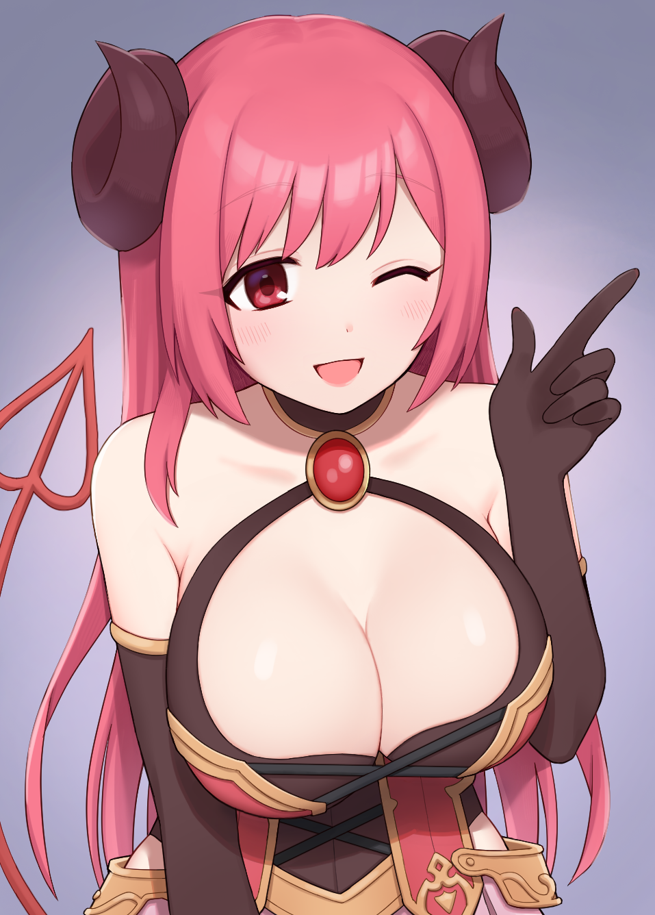 1girl, bare_shoulders, black_gloves, black_horns, breasts, brooch, cleavage, cross-laced_clothes, cross-laced_dress, curled_horns, demon_girl, demon_horns, demon_tail, elbow_gloves, gloves, goat_horns, goroo_(goropii), heart, heart_tail, highres, horns, io_(princess_connect!), jewelry, large_breasts, long_hair, one_eye_closed, open_mouth, pink_hair, princess_connect!, red_eyes, simple_background, smile, solo, straight_hair, tail, upper_body