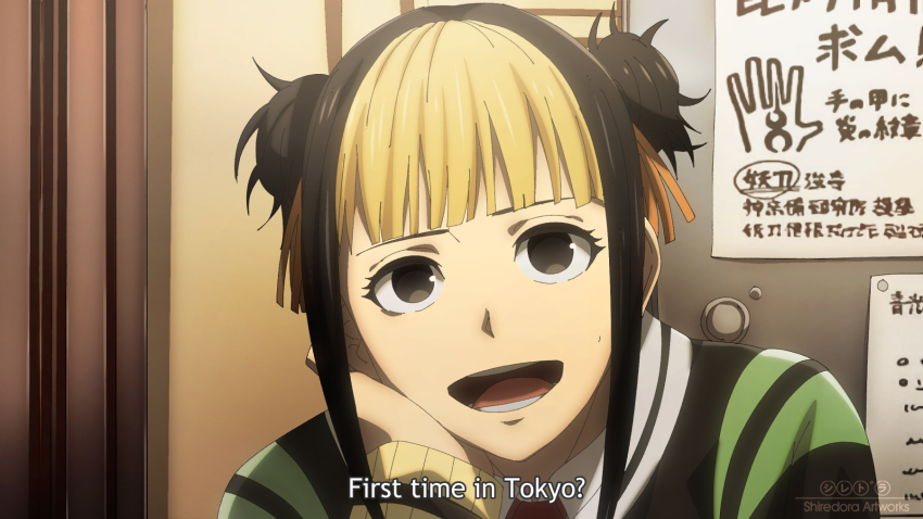 1girl, artist_name, black_eyes, black_hair, black_jacket, blonde_hair, blunt_bangs, close-up, comic_panel_redraw, commentary, derivative_work, double_bun, english_text, facing_viewer, fake_screenshot, hair_bun, hair_ribbon, head_rest, highres, hinao_(kagurabachi), jacket, kagurabachi, long_sleeves, multicolored_hair, open_mouth, poster_(object), ribbon, shiredora, short_hair, solo, subtitled, two-tone_hair, watermark