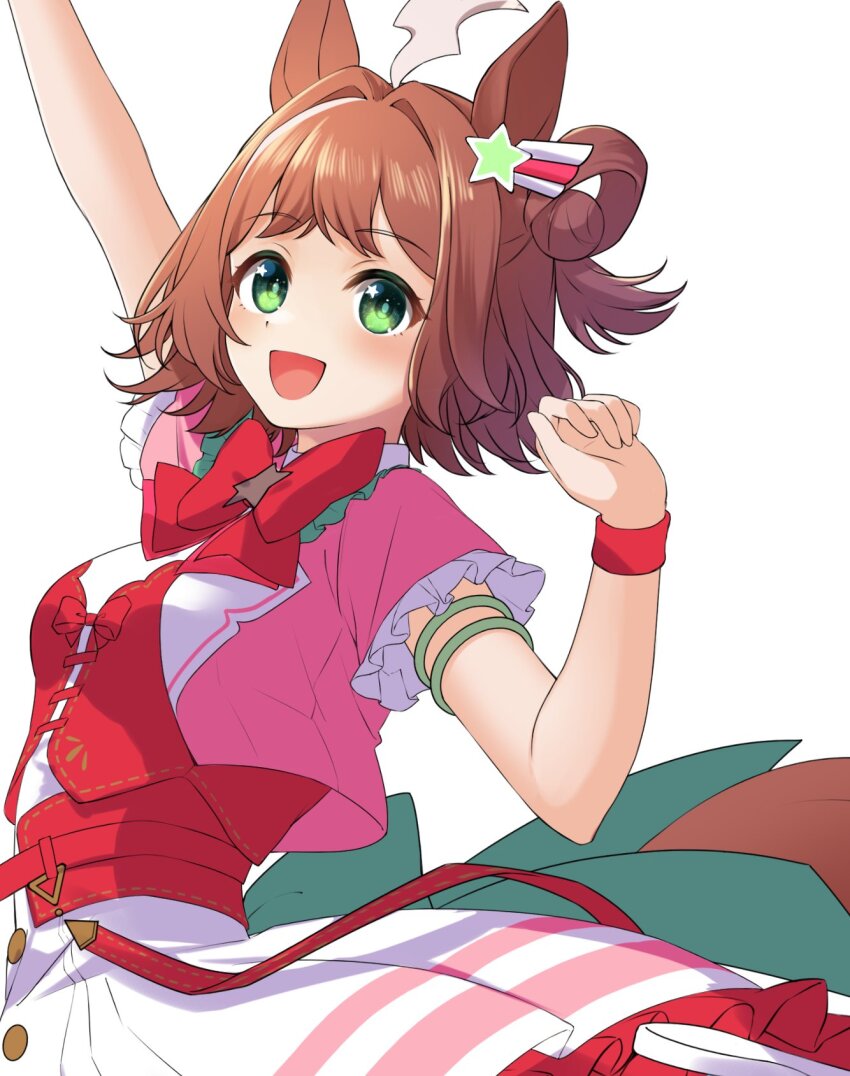 1girl, ahoge, animal_ears, arm_up, blush, breasts, brown_hair, clenched_hand