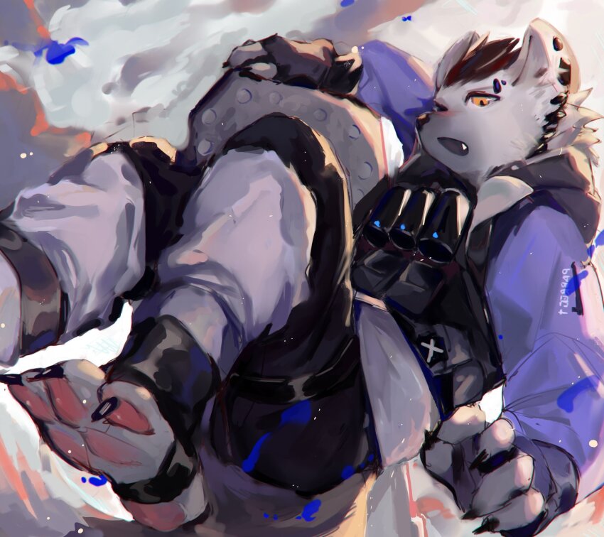 1boy, animal_ear_piercing, arknights, black_gloves, black_pants, canister, claws, eyebrow_piercing