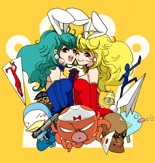 2girls, akane_(parodius), animal_ears, aqua_eyes, bad_id, bad_pixiv_id, big_hair, blonde_hair