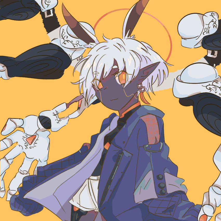 1girl, :3, android, animal_ears, blue_jacket, cropped_legs, crymachina, dark-skinned_female