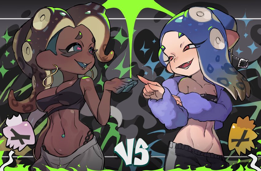 2girls, absurdres, aqua_eyes, arm_across_waist, arm_at_side, black_bra, black_panties, black_pants, black_tube_top, blonde_hair, blue_hair, blue_jacket, bra, breasts, brown_hair, cephalopod_eyes, cleavage, commentary, cowboy_shot, dark-skinned_female, dark_skin, earrings, english_commentary, fangs, fur_jacket, gold_earrings, gradient_hair, grey_pants, groin, hand_up, highres, jacket, jewelry, lightning_bolt_symbol, linea_alba, long_hair, looking_at_another, marina_(splatoon), marina_(suffer_no_fools)_(splatoon), medium_breasts, midriff, mole, mole_under_mouth, multicolored_hair, multiple_girls, navel_piercing, nintendo, octoling, official_alternate_costume, official_alternate_hairstyle, open_mouth, panties, pants, panty_straps, piercing, pink_pupils, pointing, pointing_at_another, shiver_(splatoon), shiver_(suffer_no_fools)_(splatoon), single_earring, small_breasts, splatoon_(series), splatoon_3, star_(symbol), strapless, string_panties, suction_cups, swept_bangs, tentacle_hair, thong, tooth_earrings, tube_top, undercut, underwear, usa_go13, vs