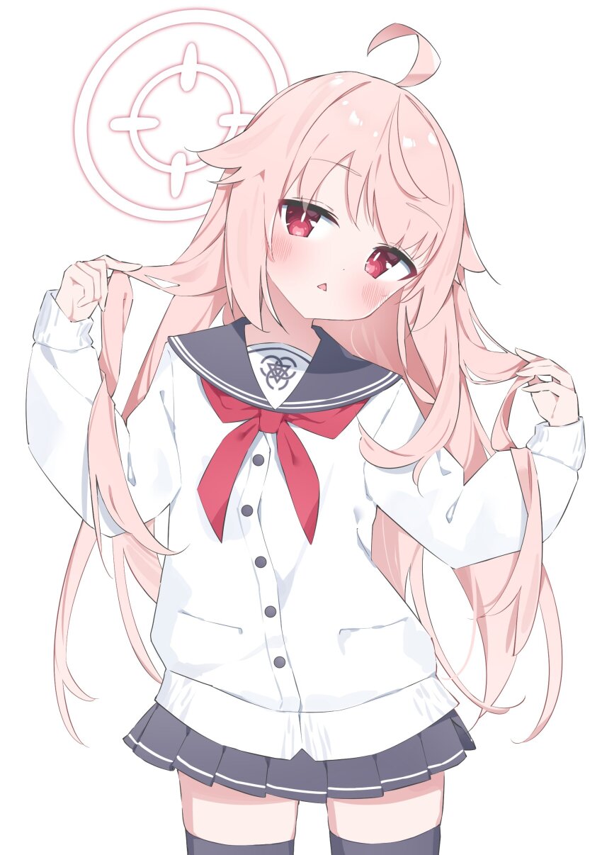 1girl, absurdres, ahoge, alternate_hairstyle, black_sailor_collar, black_skirt, black_thighhighs, blue_archive