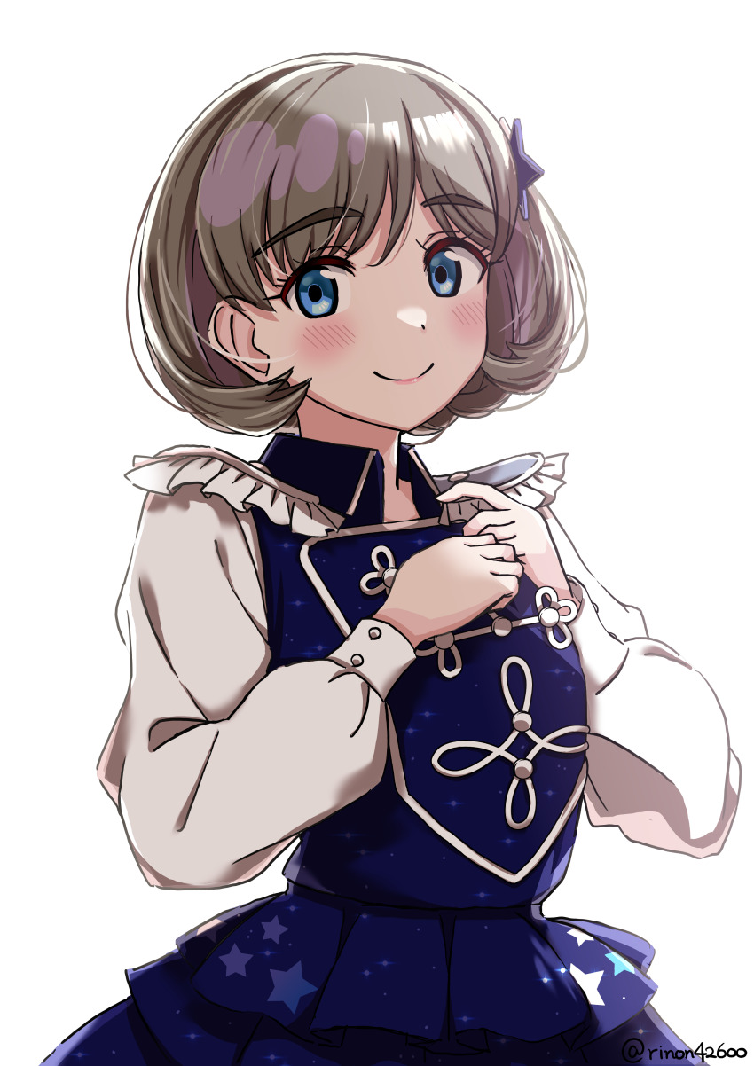 1girl, absurdres, blue_dress, blue_eyes, blush, collared_dress, commentary, dress