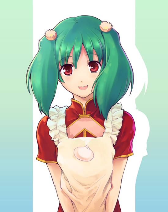 1girl, apron, steamed_bun, china_dress, chinese_clothes, dress, female_focus, food