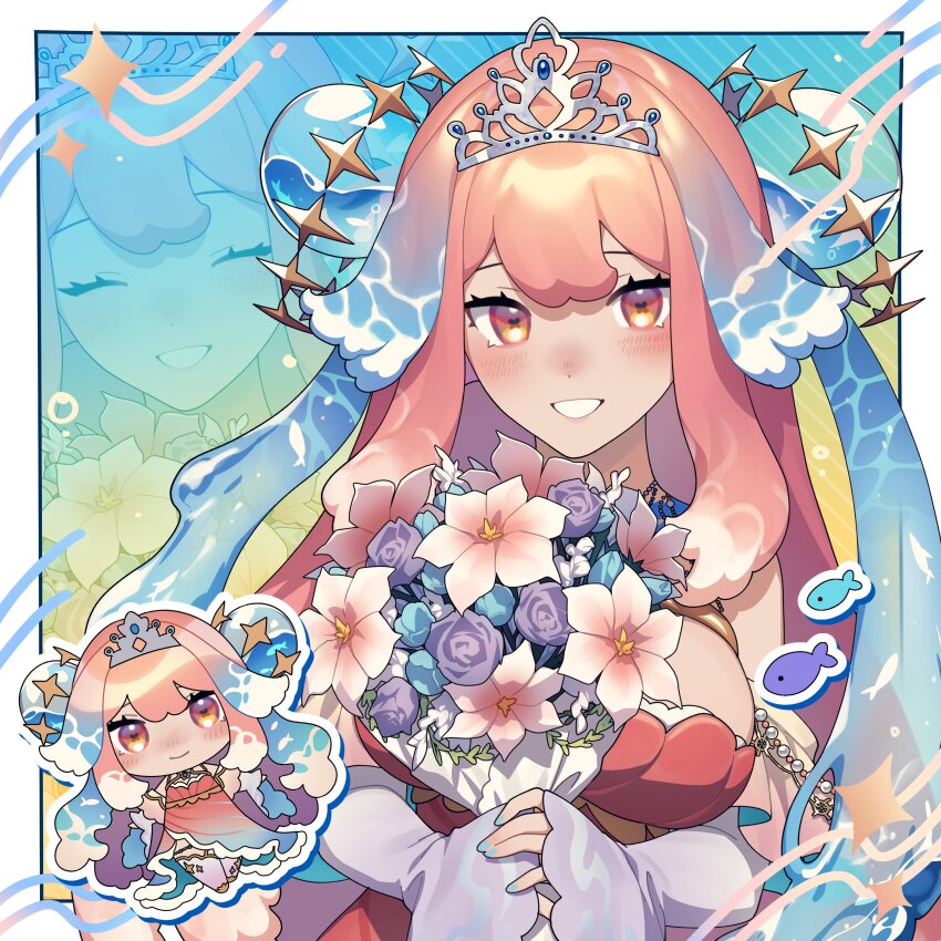 1girl, absurdres, blue_flower, blue_gem, blue_hair, blue_nails, bouquet, breasts