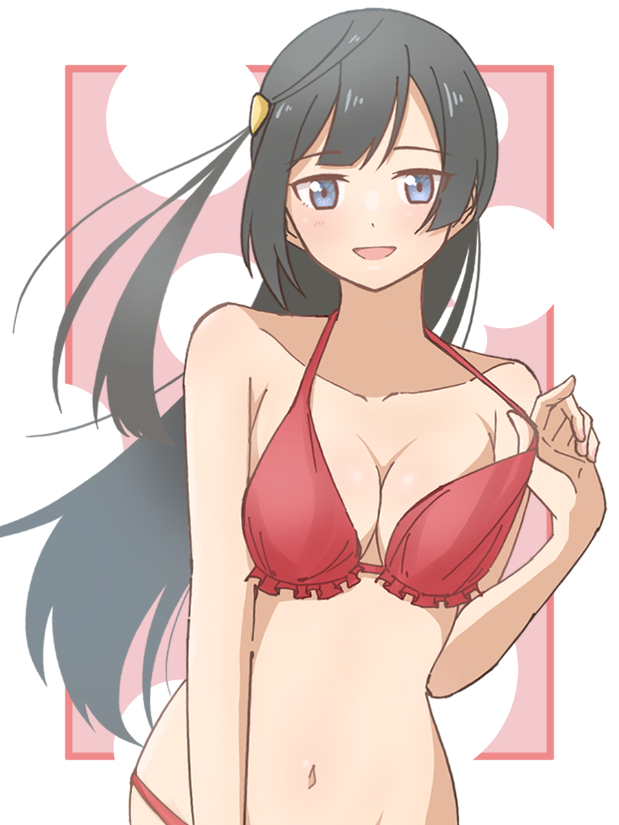 1girl, ayu_(ayu_illustrate), bare_shoulders, bikini, black_hair, breasts, cleavage, commentary_request, grey_eyes, highres, long_hair, looking_at_viewer, love_live!, love_live!_nijigasaki_high_school_idol_club, medium_breasts, midriff, navel, one_side_up, open_mouth, red_bikini, sidelocks, solo, standing, swimsuit, upper_body, yuki_setsuna