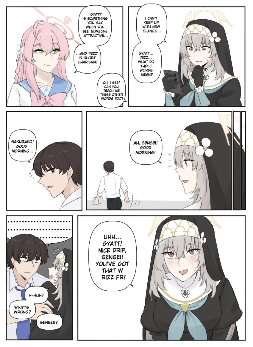 ..., 1boy, 2girls, ahoge, blue_archive, blue_necktie, blush, cellphone