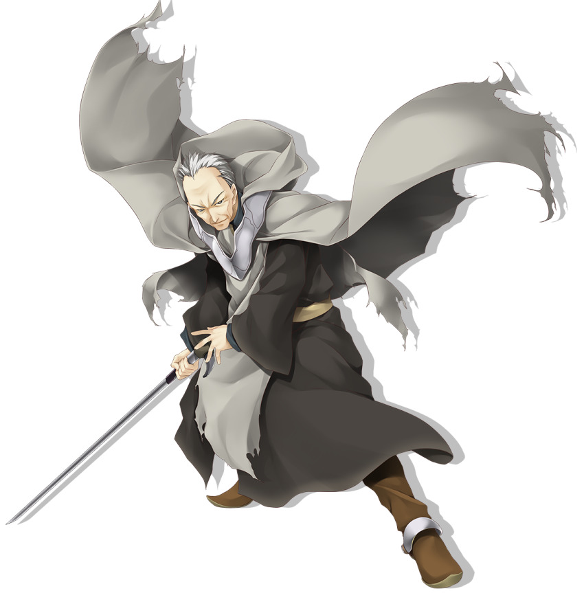atelier-moo, bald, cloak, closed_mouth, forehead, holding, holding_sword, holding_weapon, hood, hooded_cloak, long_sleeves, mechusera, obi, old, old_man, rope, sash, shoes, short_hair, solo, sword, torn_cloak, torn_clothes, transparent_background, weapon, white_hair, wizards_symphony
